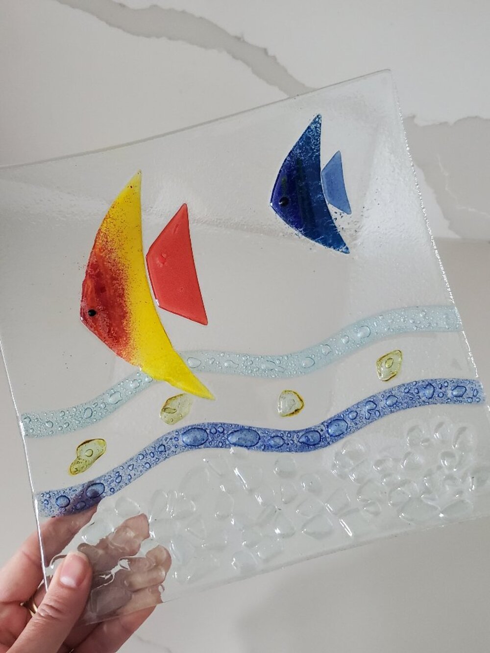 Decorative Fish Dish Plate Embossed Angel Fish Water Waves Pebbles Vivid Colours